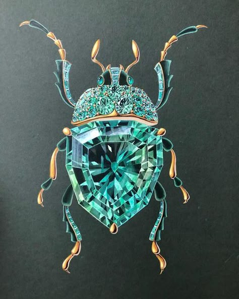 Trinket Ideas, Illustration Accessories, Tropical Leaf Decor, Jewelry Drawings, Jewel Beetle, Jewelry Portfolio, Jewellery Illustration, Green Beetle, Crystal World