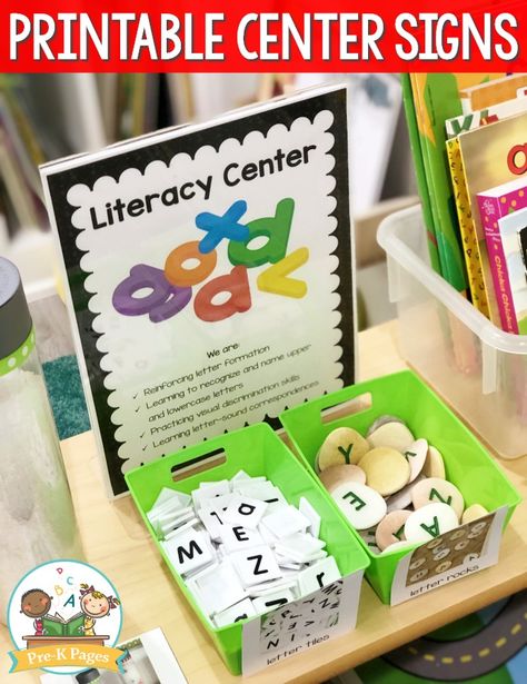 How to Set Up Your Preschool Alphabet Literacy Center Center Labels For Preschool Free, Centers Labels For Preschool, Free Printable Center Signs Preschool, Preschool Centers Signs, Daycare Decorations, Preschool Environments, Classroom Center Signs, Preschool Literacy Centers, Literacy Center Ideas