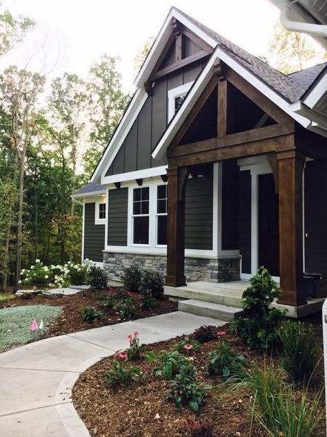 Siding Ideas Exterior Square House, Sherwin William Exteriors, Redoing Outside Of House, Board And Batten Siding Colors Exterior Design, Small Covered Porch Ideas, Rambler House Exterior, Camp Exterior, Exterior Entryway Ideas, Modern House Colors