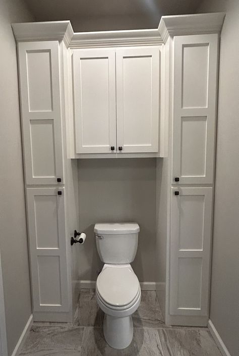 Toilet In Front Of Vanity, Bathrooms Storage Ideas, Built Ins Around Toilet, Half Bathroom In Basement, Bathroom Toilet Cabinet, Toilet With Storage Above, Corner Cabinets Bathroom, Cabinets Around Toilet, Bathroom Closet Ideas Layout