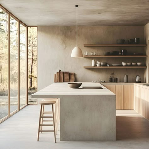 This minimalist kitchen showcases a stunning concrete island as the focal point, paired with light wood cabinetry and open shelving. The large floor-to-ceiling windows flood the space with natural light, creating a bright and airy feel. The industrial concrete elements contrast beautifully with the warm wood, while neutral tones and simple decor enhance the calming, serene atmosphere. Perfect inspiration for those seeking modern, Scandinavian-inspired material building ideas! Cement Floor Kitchen Ideas, Oak And Concrete Kitchen, Kitchen Wood Concrete, Cement Island Kitchen, Open Shelves Modern Kitchen, Timber And Concrete Kitchen, Waterfall Island Kitchen Concrete, Concrete Kitchen Wall, Modern Kitchen Design Simple