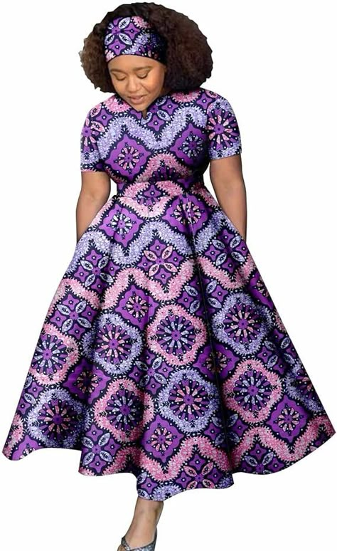 Amazon.com: Bazin Riche African Dresses for Women Dashiki Ladies Outftis Wax Batik Print Long Dress with Turban Headwrap : Clothing, Shoes & Jewelry African Attire Dresses For Women, Ankara Long Free Gown Styles For Women, Ankara Designs For Ladies, Damask Gown, Ladies Long Dresses, Best African Dress Designs, Seshweshwe Dresses, Ladies Wear Dresses, Modern African Dresses