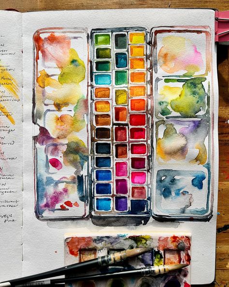 🙌 Just finished filming a LONG exclusive video for Patreon members where I share ALL the pigments and brands of watercolours I currently use in my palette. As an bonus Patrons can also watch the process video for painting the actual palette (no I didn’t clean it up specially) So make sure you sign up to my Patreon to watch as it’ll be ready by Friday (or before) . . . Although I was annoyed I smudged some of the swatches it’s a lesson in patience - I should have left that page to dry before p... Watercolour Paint Palette, Qor Watercolor Palette, Watercolor Process Art, Colour Palette Sketchbook, Watercolor Pallet Aesthetic, Tiny Watercolor Palette, Paint Swatch Ideas, Art Colour Palettes, Watercolour Pallet