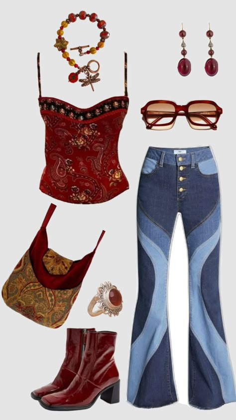 60s 70s outfit #outfitinspo #vintage #70s #60s 70s Aesthetic Costume, 70s Romantic Fashion, 70s Glam Fashion Vintage, 70s Outfits Authentic, 70s Clothes Inspiration, Flare Jeans Outfit 70s Style, Groovy Concert Outfit, Retro 2000s Outfit, Summer Outfits 70s Style