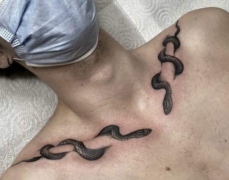 Collar Bone Tattoo For Men, Collar Tattoo, Clavicle Tattoo, Tattoo Snake, Small Chest Tattoos, Bone Tattoos, Snake Tattoo Design, Chest Tattoos For Women, Tattoos Geometric