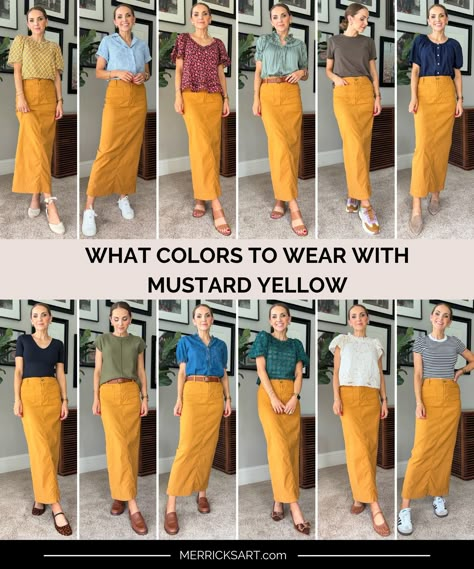 What Colors To Wear With Mustard Yellow - Merrick's Art How To Wear Mustard Yellow Pants, Mustard Yellow Color Combinations Outfits, Colors To Wear With Mustard Yellow, Mustard Pants Outfit Work, Mustard Yellow Outfit Combination, Mustard Color Combinations, Colors That Go With Mustard Yellow, Mustard Colour Combinations, Yellow Mustard Outfit