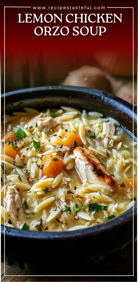 This Lemon Chicken Orzo Soup is a light yet hearty meal that’s perfect for any time of the year. Tender chicken, fresh vegetables, and orzo pasta are combined in a flavorful, lemony broth, creating a satisfying, comfort-filled dish. With the added brightness of lemon and the aromatic rosemary, this soup is both refreshing and cozy—ideal for a weeknight dinner or a cozy lunch. Rotisserie Chicken Orzo Soup, Chicken Soup With Orzo Pasta, Chicken Orzo Lemon Soup, Soup Recipes With Orzo, Lemon Chicken Soup Crockpot, Soup Recipes Orzo, Creamy Lemon Chicken Orzo Soup, Chicken Soup With Orzo, Lemon Orzo Soup