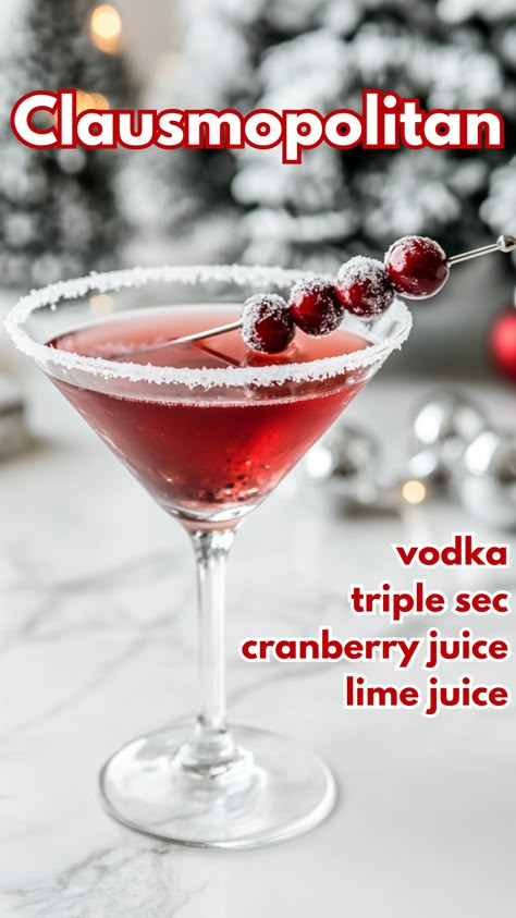 Put a festive spin on the classic cosmopolitan with the Clausmopolitan! Featuring the bright flavors of cranberry and lime, this cocktail is perfect for holiday celebrations. The sugared rim and fresh cranberry garnish add a merry touch to your glass.  #clausmopolitan #christmascocktails via @mybartender Christmas Cosmopolitan Pitcher, Cranberry Cosmopolitan Drink Recipes, Santa Clausmapolitin Drink, Cocktails With Star Anise, Cranberry Lemondrop Martini, Cranberry Fizz Poppi Cocktails, Christmas Clausmopolitan, Christmas Cosmopolitan Drink, Batch Cosmopolitan Recipe