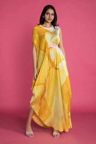 Buy Yellow Modal Satin Plain Asymmetric Neck Pleated Draped Panelled Dress For Women by Aroka Online at Aza Fashions. Panelled Dress, Cape For Women, Satin Embroidery, Kaftan Designs, Cowl Dress, Pink Belt, Yellow Satin, Designer Party Wear Dresses, Stylish Party Dresses