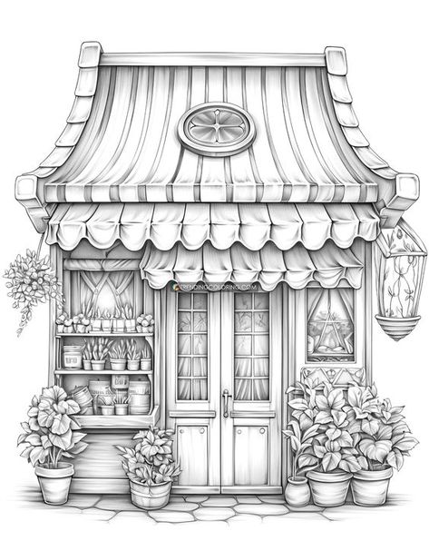 80 Adorable Storefront Grayscale Coloring Pages for Adults and Kids - Instant Download - Printable Tattoo Coloring Pages, Coloring Pages For Adults Unique, Cottage Drawing, Mom Coloring Pages, House Coloring Pages, Colouring Sheets For Adults, Grayscale Coloring Pages For Adults, Tattoo Coloring Book, Fall Embroidery