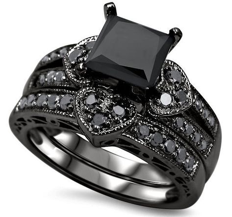 2.27ct Black Princess Diamond Heart Engagement Ring Set Black Gld Black Wedding Ring Sets, Black Diamond Ring Set, Black Wedding Ring, Gothic Engagement Ring, Heart Engagement, Diamond Bridal Ring Sets, Cubic Zirconia Engagement Rings, Black Wedding Rings, Diamond Ring Engagement