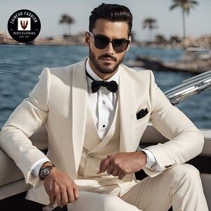 Cream Suits For Men, Trending Suits, Tan Tuxedo, Men's Tuxedo Wedding, Groom Tuxedo Wedding, Groom Suspenders, Designer Tuxedo, Ivory Suit, Suit Groom