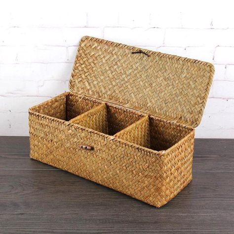 Wicker Storage Baskets Hand Woven Rectangle Tea Bags Storage Box Chest Wooden Organizer Compartments Display Multi-purpos box, compartment box with dividers  #storage #wicker #baskets #wickerbaskets #storagebaskets Straw Storage, Bamboo Furniture Design, Wicker Storage Baskets, Vegetable Packaging, Gift Wrapping Christmas, Tea Bag Storage, Laundry Basket Storage, Wooden Packaging, Elegant Gift Wrapping