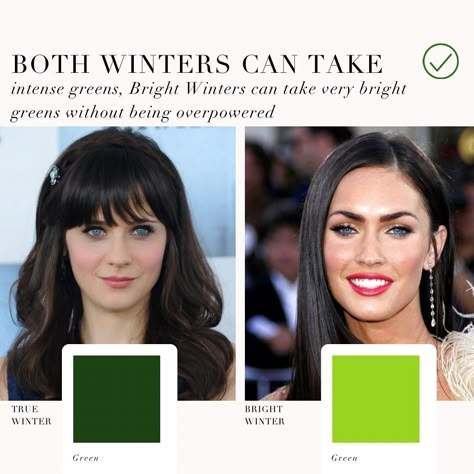 Colour analysis comparison, True Winter VS Bright Winter 🖤 . #coloranalysis #colouranalysis #coloranalyst #winterpalette #zooeydeschanel #meganfox Cool Winter Vs Bright Winter, True Winter Green, True Winter Vs Bright Winter, Bright Winter Celebrities, Bright Winter Color Palette, Winter Color Analysis, Color Season Analysis, True Winter Makeup, Color Analysis Winter