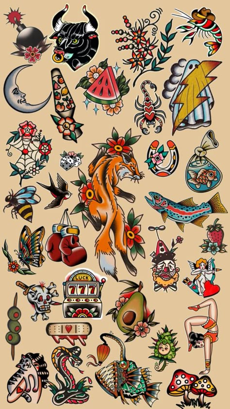 traditional tattoo flash sheet Traditional Tattoo Flash Sheet, Tattoo Flash Sheets, Traditional Tattoo Woman, Traditional Tattoo Flash Sheets, Traditional Tattoo Drawings, Traditional Tattoo Flash Art, Traditional Tattoo Old School, Traditional Tattoo Inspiration, American Traditional Tattoo Ideas