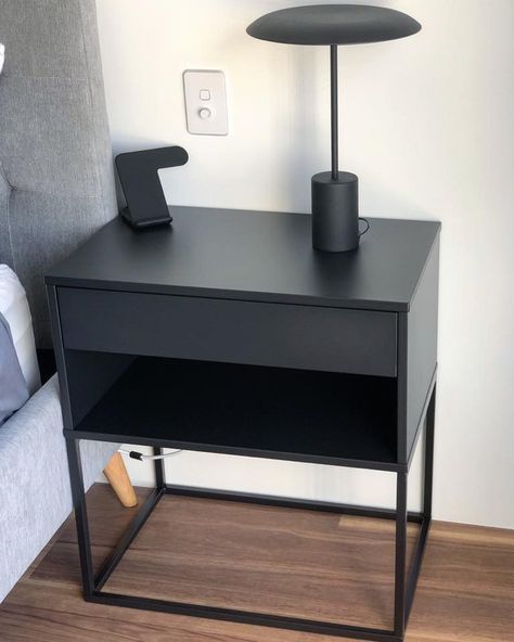 Vikhammer bedside tables -ikea Men’s Bedside Table Decor, Side Tables Bedroom Black, Mens Bedside Table Styling, Ikea Bed Side Tables, Black Side Tables Bedroom, Mens Bedside Table, Black Bedside Table Styling, Pedestal Bedroom Side Tables, Ikea Vikhammer Nightstand