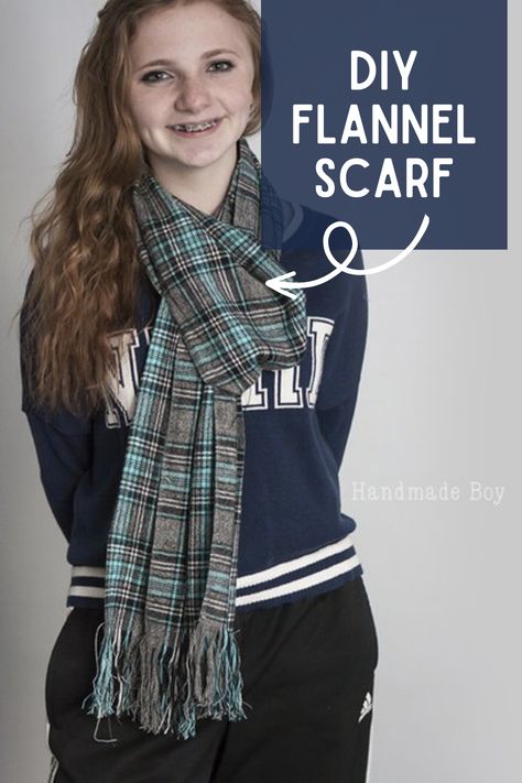 Hey, guys! It's Kelly from Handmade Boy and today I have for you a super quick, cheap DIY flannel scarf! Winter Scarf Ideas, Flannel Scarf Diy, Sew A Scarf, Fleece Scarf Pattern, Fleece Diy, Fleece Hat Pattern, Diy Scarves, Scarf Sewing Pattern, Scarf Free Pattern