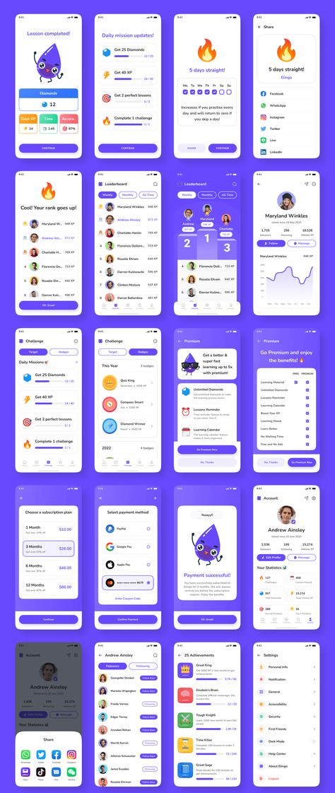 Elingo - Language Learning App UI Kit — Figma Resources on UI8 Language Learning App Design, Language App Design, Quiz App Ui Design, Education App Ui Design, Learning App Ui Design, Chat App Design, Mode Tracker, Quiz App Ui, Gamification Ui