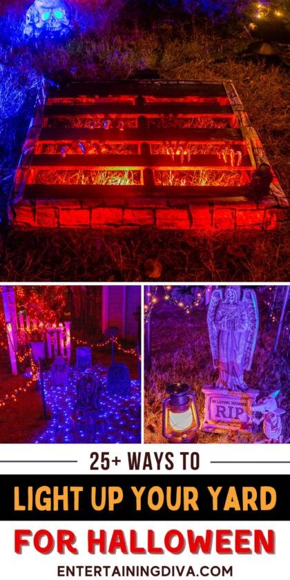 These Halloween outdoor decor ideas are AWESOME!! I'm definitely going to have the best front yard Halloween lighting in the neighborhood using these ideas. Halloween Long Driveway Ideas, Halloween Graveyard Lighting, Halloween House Lights Outdoor, Halloween Scenes Outdoor, Halloween Sidewalk Ideas, Halloween Driveway Ideas, Halloween Lights Diy, Lights Decoration Ideas, Front Yard Halloween