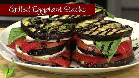 What's Cooking: Uncle Giuseppe's Marketplace's grilled eggplant stacks Eggplant Caprese Stack, Eggplant Stacks, Eggplant Rolls, Baked Eggplant, Grilled Eggplant, Balsamic Glaze, Fresh Mozzarella, Veggie Sides, Main Courses