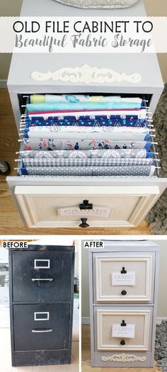 Looking for a way to store all those pieces of fabric you've been collecting? Well it ends up a 2 drawer file cabinet might be the answer to your problems! File Cabinet Makeover, Sewing Room Storage, 2 Drawer File Cabinet, Craft Sewing Room, Sewing Craft Room, Sewing Room Design, Sewing Storage, Dream Craft Room, Sewing Room Organization