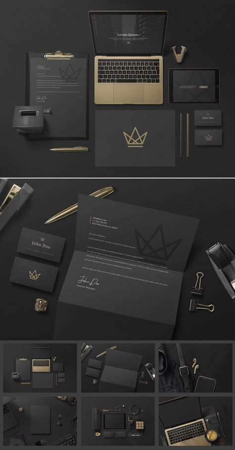 Black Branding Mockups Black And Gold Stationary, Gold And Black Branding, Professional Branding Design, Black Branding Design, Black Brand Identity, Black And Gold Branding, Brand Ideas Design, Brand Identity Design Luxury, Letterhead Mockup