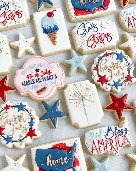 Bouge Cookie Co on Instagram: "Phew, I am finally done baking 😂 it’s been a week! Sorry I haven’t given much info on 4th of July cookies! I honestly didn’t know when everything was going to be done 😅 I am working on packaging everything up so I can have my pop up open later today! Check my stories for more info! Happy 4th of July weekend y’all! 🇺🇸♥️ . . . . #fourthofjulycookies #4thofjulycookies #happy4thofjuly #fourthofjuly #4thofjuly #customcookies #decoratedcookies #starcookies #sparklers July 4th Cookies, Cookies 4th Of July, Patriotic Sugar Cookies, Fourth Of July Cookies, 4th Of July Cookies, Patriotic Cookies, No Bake Sugar Cookies, Royal Iced Cookies, 4th Of July Cake