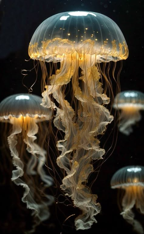 Golden jellyfish in the depths of the sea. stock photo Deep Sea Jellyfish Photography, Sea Animal Reference Photos, Jellyfish Real Photo, Giant Squid Photography, Sea Creatures Reference, Sea Life Reference Photos, Jellyfish Photography Underwater, Weird Ocean Creatures, Cool Sea Animals