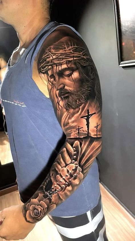 Religious Tattoos Men, Jesus Tattoo Men, Jesus Back Tattoo, Jesus Sleeve Tattoo, Religious Sleeve Tattoos, Tattoo Jesus Cristo, Jesus Forearm Tattoo, Jesus Tattoo Ideas, Jesus Tattoo Sleeve