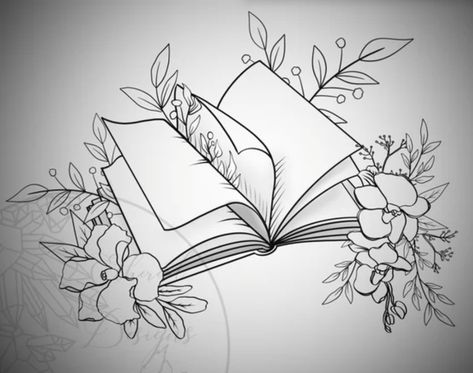 Book Flower Drawing, Book Tattoo Drawings, Book And Flowers Drawing, Book Tattoo Designs Drawings, Book With Flowers Drawing, Books And Flowers Tattoo, Floral Book Tattoo, Book And Flower Tattoo, Book With Flowers Tattoo