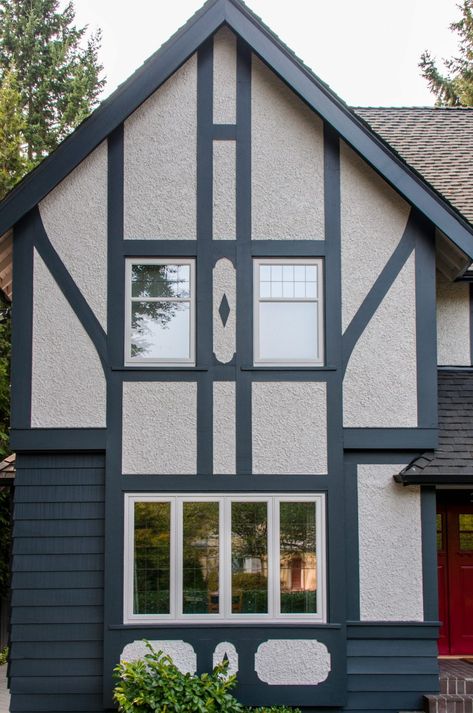 Unique New Paint on Exterior of Classic Tudor Home Estate in Shaughnessy , Grey with Dark Trim and a Red Front Door Tutor House Exterior Paint Colors, Classic Tudor House Exterior, Tudor Exterior Paint Colors, Tudor Cottage Exterior, Tudor Exterior Paint, Tutor House, Tudor Exterior, Home Exterior Colors Schemes, Tudor House Exterior