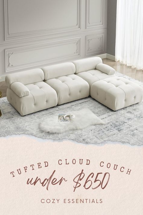 Revamp your living space effortlessly with our affordable tufted white modular couch! ⭐️ Embrace versatility and style with this sleek, customizable centerpiece. Transform your room layout with ease while enjoying the timeless elegance of tufted design. Elevate your decor without breaking the bank. Create your dream lounge space affordably today! #AffordableTuftedCouch #ModularLiving #WhiteSofa #HomeDecor #BudgetFriendlyDesign Cloud Couches, Couch Inspiration, Dream Lounge, Tufted Couch, White Couch, Couch For Living Room, Lounge Space, Modular Couch, Tufted Design