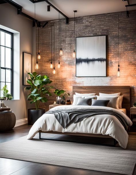 A space where raw meets refined. Edgy aesthetics blend seamlessly with comfort. Our modern industrial bedroom is an ode to urban sophistication Cozy Industrial Bedroom, Modern Masculine Bedroom, Modern Industrial Bedroom, Bachelor Room, Industrial Modern Bedroom, Modern Industrial Living Room, Industrial Decor Bedroom, Bedroom Industrial, Industrial Style Bedroom