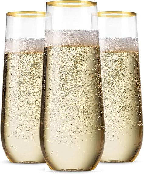 Amazon.com: Munfix 48 Pack Stemless Plastic Champagne Flutes Disposable 9 Oz Gold Rim Clear Plastic Toasting Glasses Shatterproof Recyclable and BPA-Free : Health & Household Cowboy On The Way, Disposable Champagne Flutes, Disposable Wine Glasses, Fancy Toast, Brunch Party Ideas, Plastic Champagne Glasses, Gold Champagne Flutes, Plastic Champagne Flutes, Stemless Champagne Flutes