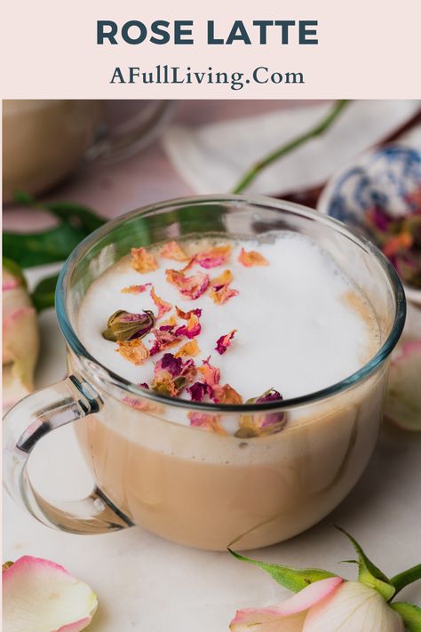 Skip the coffee shop, and make this delicious Rose Latte Recipe with homemade rose syrup, steamed milk, and espresso. Everyone's favorite flower makes for a lovely, delicate, and flavorful coffee drink filled with rose flavor. It's quick, easy, and the perfect way to treat yourself! #RoseLatte #SpringRecipes #CoffeeRecipe #Rose Rose Syrup Drinks, Spring Coffee Recipes, Spring Drinks Coffee, Valentines Coffee Drinks, Rose Latte Recipe, Spring Coffee Drinks, Rose Syrup Recipe, Flower Coffee Shop, Rose Drink