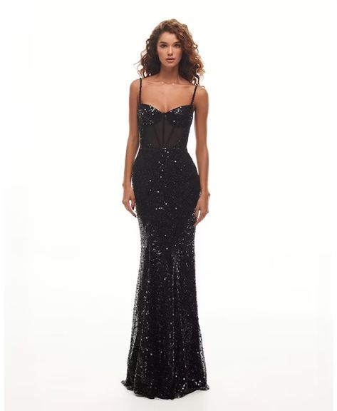 Shop Sensational black maxi on spaghetti straps covered in sequins, Smoky Quartz from Milla at Seezona | Seezona Black Glitter Dress Long, Black Sparkly Prom Dresses, Glittery Black Dress, Black Sequin Prom Dress, Black Maxi Gown, Black Sequin Gown, Flow Dress, Black Lace Gown, Black Sparkly Dress