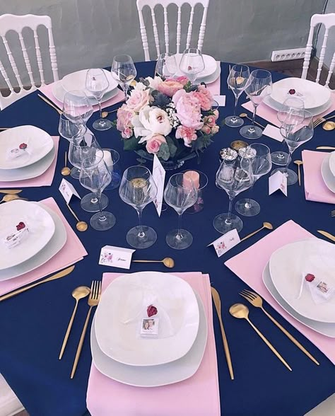 Pink And Navy Table Decor, Pink And Royal Blue Wedding, Baby Pink Wedding, Blue Table Settings, Blue And Blush Wedding, Rustic Glam Wedding, Purple And Gold Wedding, Pink Wedding Decorations, Wedding Color Pallet