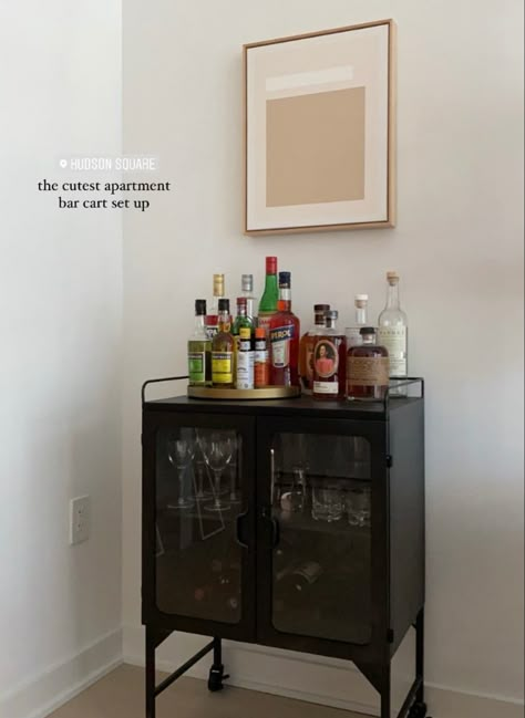 Alcohol Corner Home, Alcohol Area In Home, Bar Idea For Small Spaces, Indoor Mini Bar Ideas, Bar Cart With Cabinet, Bar Cart Tequila, Bar In The Living Room Ideas, Apartment Bar Cabinet, Bar Cabinet Aesthetic