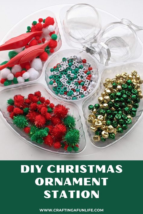 Class Party Ornament Craft, Diy Ornament Station, Ornament Activity For Kids, Ornament Station For Kids, Ornament Decorating Station, Christmas Ornament Decorating Party, Christmas Ornament Filler Ideas, Ornament Making Station, Diy Preschool Christmas Ornaments