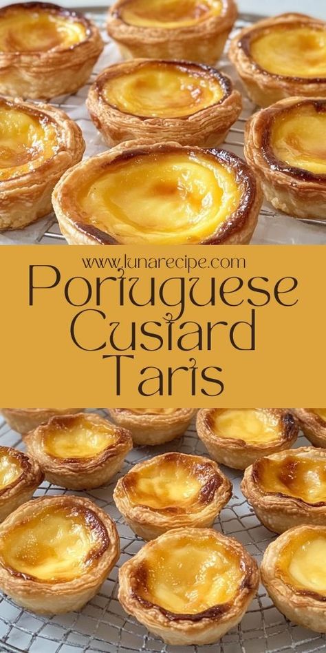 🥧 Indulge in the flavors of Portuguese Custard Tarts with this easy recipe! Crispy, flaky crust filled with creamy, caramelized custard—perfect for a quick treat or a dessert for gatherings. This iconic Portuguese pastry will wow your guests! Save and try it now! #CustardTarts #PortugueseDessert #EasyBaking #PastryRecipe #PortugueseTarts Portuguese Custard Tart Recipe, Sweet Puff Pastry Recipes, Custard Tart Recipe, Portuguese Custard Tarts, Portuguese Tarts, Portuguese Dessert Recipes, Tart Crust Recipe, Custard Tarts Recipe, Easy Tart Recipes