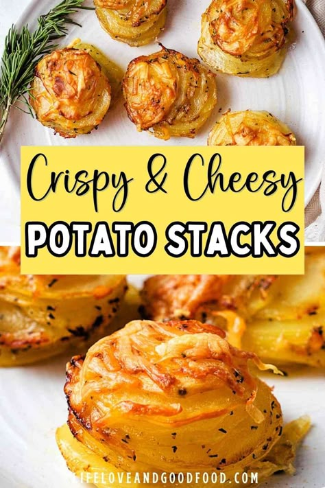 Crispy layers of potato stacked high with Asiago cheese, rosemary, and sea salt. These muffin tin potato stacks are easy, cheesy, and irresistibly golden. Perfect as an appetizer or side dish for the holidays! Layered Fried Potatoes, Crispy Potato Side Dishes, Potato Stacks With Garlic Herb Butter, Thousand Layer Potatoes, Southwest Potato Stacks, Mini Potato Gratin Stacks, Potatoes In Muffin Tin Sliced, Cheesy Potato Stacks, Potatoes Cooked In Muffin Tin