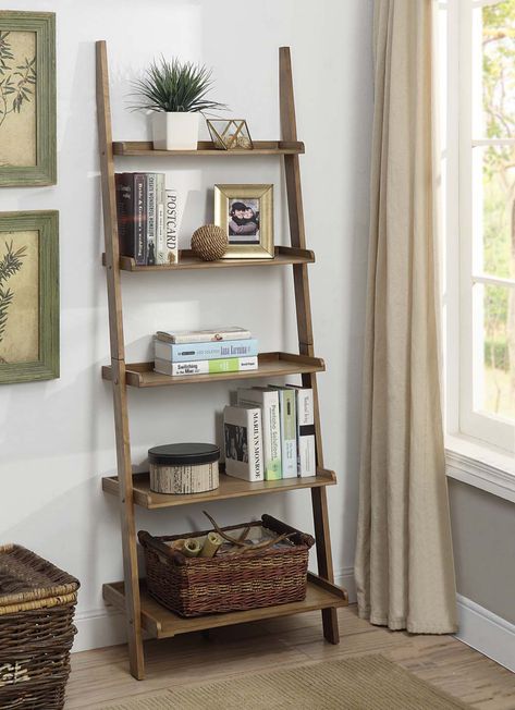 Convenience Concepts American Heritage 5-Shelf Ladder Bookcase, Driftwood - Walmart.com - Walmart.com Ladder Shelf Office Decor, Ladder Bookshelves Living Room, Ladder Style Bookshelf, Coastal Bookshelf Decor Living Room, Book Shelf Ladder Decor, Ladder Bookcase Diy, Ladder Bookcase Styling, Ladder Bookcase Decor, Latter Book Shelf