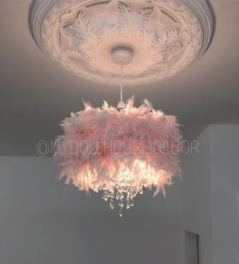 Pink Feather Light Shade, Feather Lighting, Apartment Lights, Feather Light Shade, Light Pink Rooms, Small Chandeliers, Pink Ceiling, Feather Chandelier, Feather Lamp