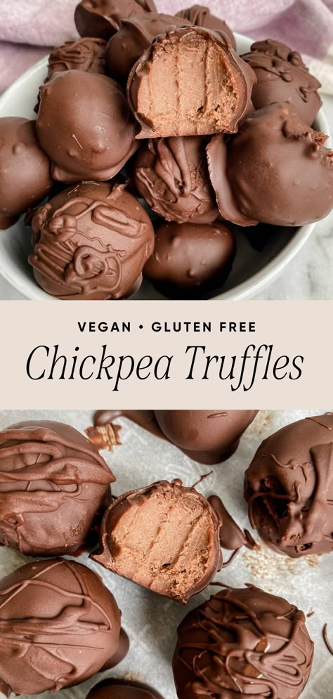 Chickpea Truffles are rich, smooth, and incredibly creamy. These vegan chocolate truffles simply melt in your mouth and have the most unbelievable fudgy texture. A great vegan and gluten free snack that is extremely indulgent. They make for a great healthy after dinner snack. Healthy Nut Recipes Snacks, Gf Df Snacks On The Go, Vegan Pinecone Truffles, Vegan Matcha Dessert Recipes, Healthy Snacks For Chocolate Craving, Vegan Allergy Free Recipes, Non Dairy Treats, Vegan Baking Healthy, Paleo Chocolate Truffles