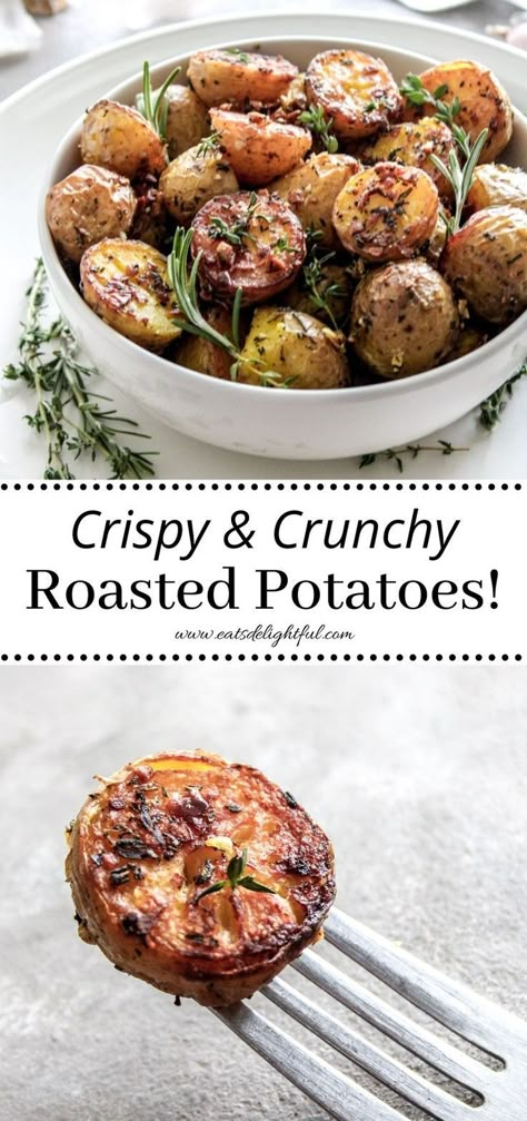 2 stacked images: roasted potatoes in bowl (top image) and one potato on fork (bottom image) Roasted Potatoes Rosemary, Baby Potatoes Roasted, How To Roast Potatoes, Baked Potatoes Recipes, Thyme Potatoes, Baked Baby Potatoes, Oven Baked Potatoes, Potatoes Oven, Oven Potatoes