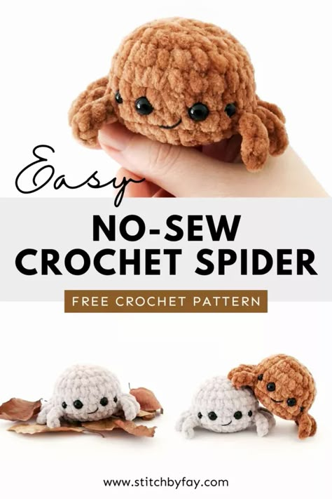 Pinterest image showing a collage of small crochet plush spiders. Text reads: "Easy no-sew crochet spider, free crochet pattern, www.stitchbyfay.com". Spider Plushie, Amigurumi Spider, Spider Crochet, Crochet Spider, Crochet Pour Halloween, Unique Sewing Patterns, Spider Pattern, Easy Crochet Animals, Crochet Plushies