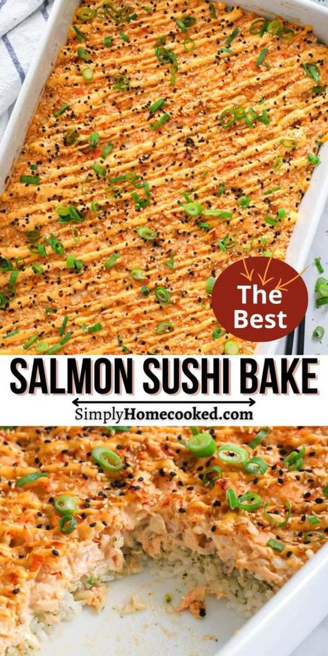 This Salmon Sushi Bake is full of salmon, imitation crab, spicy mayo, and rich cream cheese. This dish is full of spicy, creamy, and umami flavors that are delicious. Baked Sushi Casserole, Sushi Casserole, Baked Sushi Recipe, Salmon Sushi Recipes, Salmon Sushi Bake, Baked Sushi, Spicy Salmon Sushi, Salmon Casserole, Sushi Bake