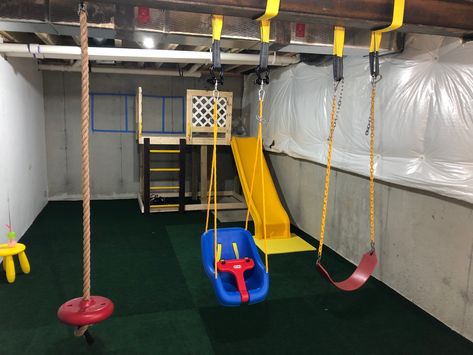 Basement Playground Diy, Basement Indoor Playground, Playground In Basement, Epic Basement Playroom, Unfinished Basement Playroom Ideas Concrete Floors, Basement Playground, Unfinished Basement Playroom, Basement Play Area, Playroom Basement