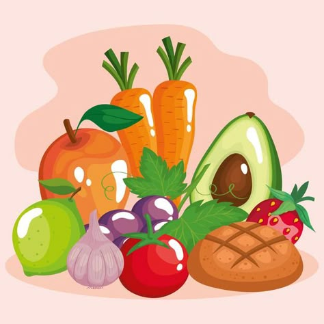 Healthy Eating Posters For Kids, Healthy Food Cartoon Images, Healthy Foods Drawing, Healthy Food Illustration Art, Healthy Food Poster Drawing, Cartoon Food Drawings, Healthy Food Drawing, Healthy Food Cartoon, Fruits And Vegetables Drawing