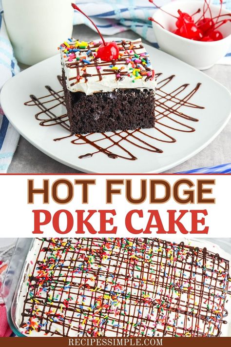 Hot Fudge Poke Cake Recipe, Chocolate Fudge Poke Cake, Hot Cocoa Poke Cake, Chocolate Poke Cake With Pudding, Hot Fudge Poke Cake, Fudge Poke Cake, Best Poke Cake Recipes, Flower Bakery, Poke Cake Recipes Chocolate